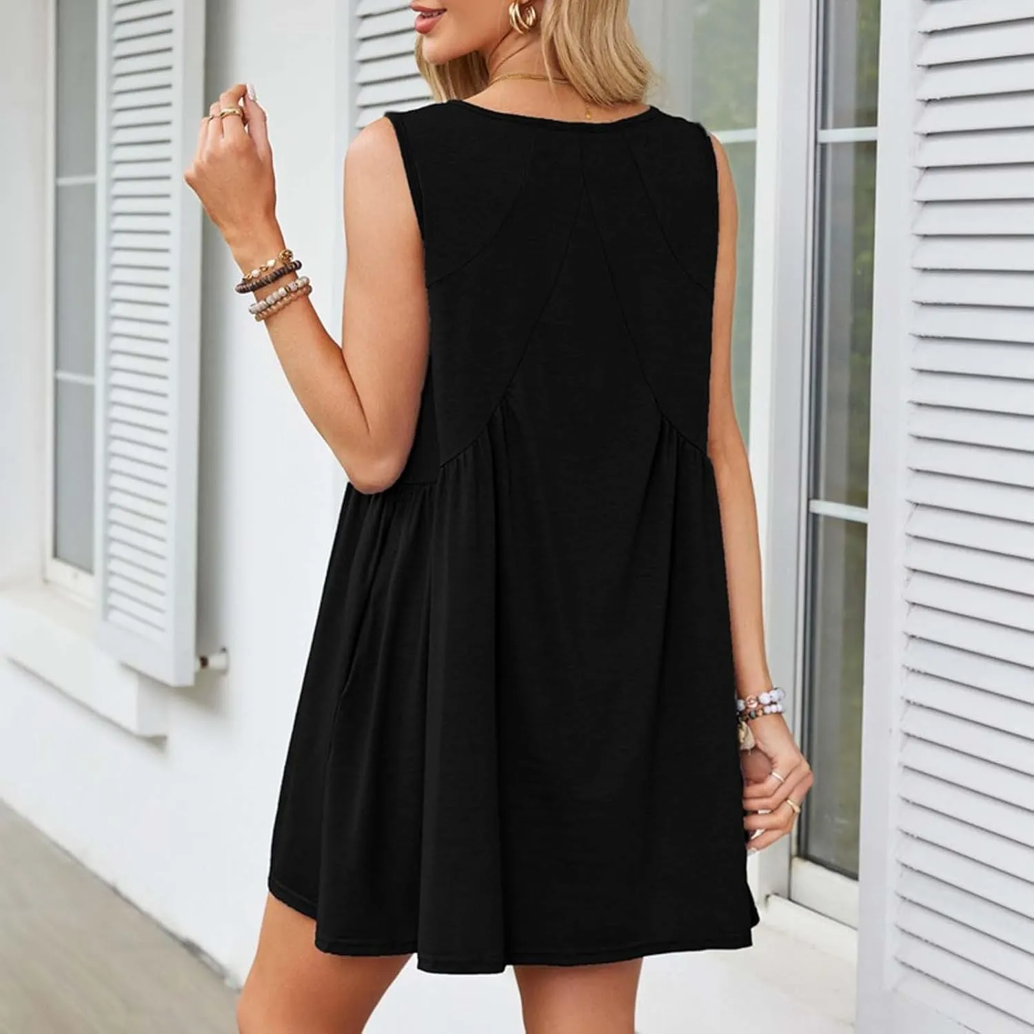 Mini Dresses for Women 2024 Pleated Swing Flowy Solid Color Sleveless Sundress Pockets V Neck Casual Beach Tank Dress
