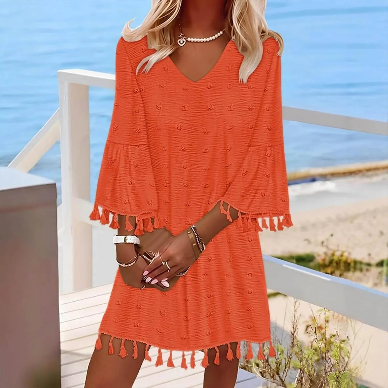 Mini Dresses for Women Casual V Neck Three Quarter Sleeve Tassels Dresses Cute Swiss Dots Cover Ups Dress