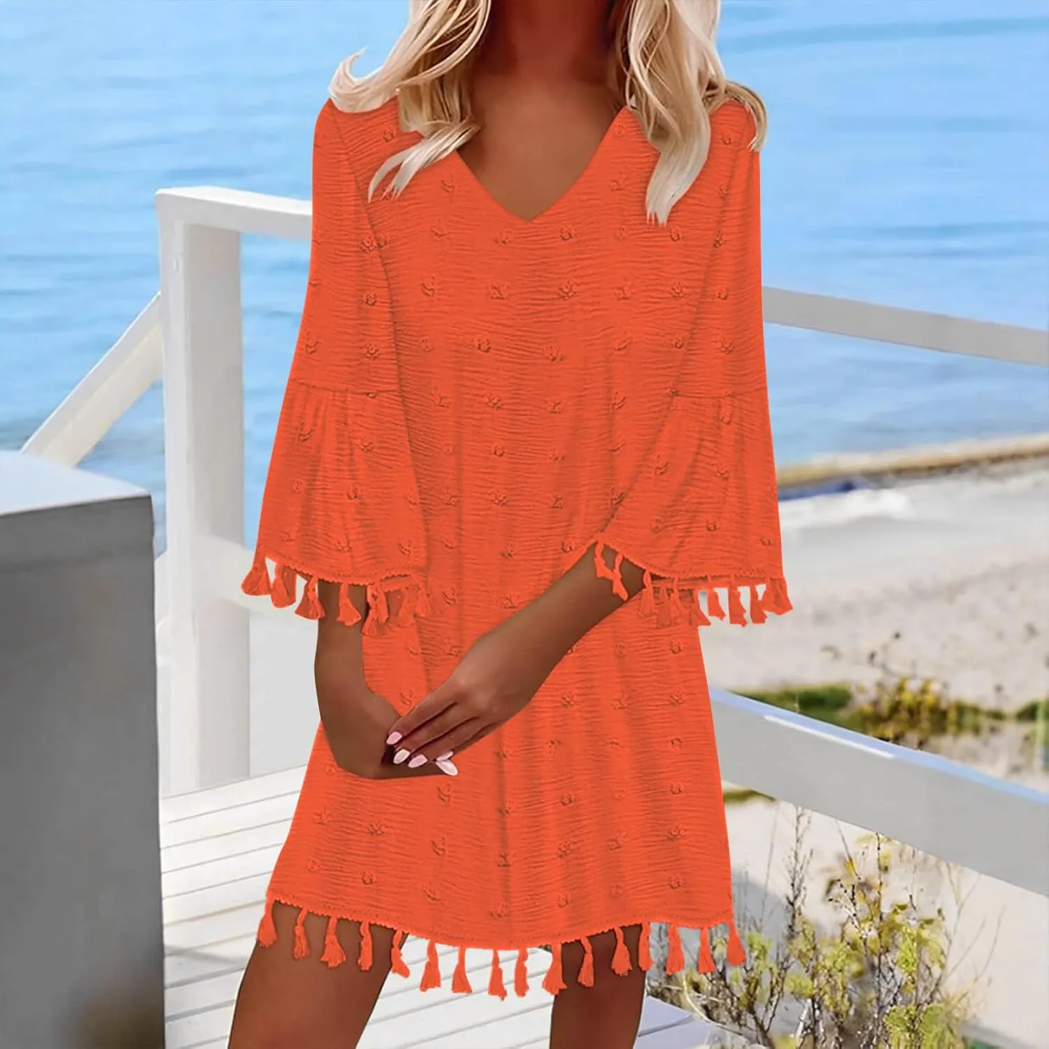 Mini Dresses for Women Casual V Neck Three Quarter Sleeve Tassels Dresses Cute Swiss Dots Cover Ups Dress