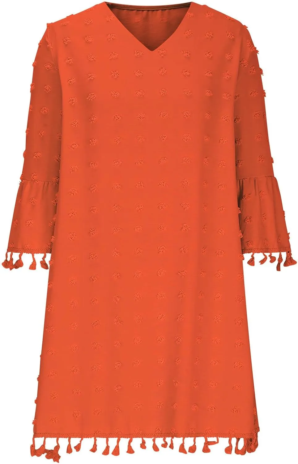 Mini Dresses for Women Casual V Neck Three Quarter Sleeve Tassels Dresses Cute Swiss Dots Cover Ups Dress