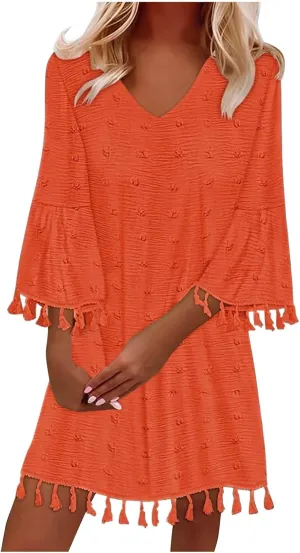 Mini Dresses for Women Casual V Neck Three Quarter Sleeve Tassels Dresses Cute Swiss Dots Cover Ups Dress