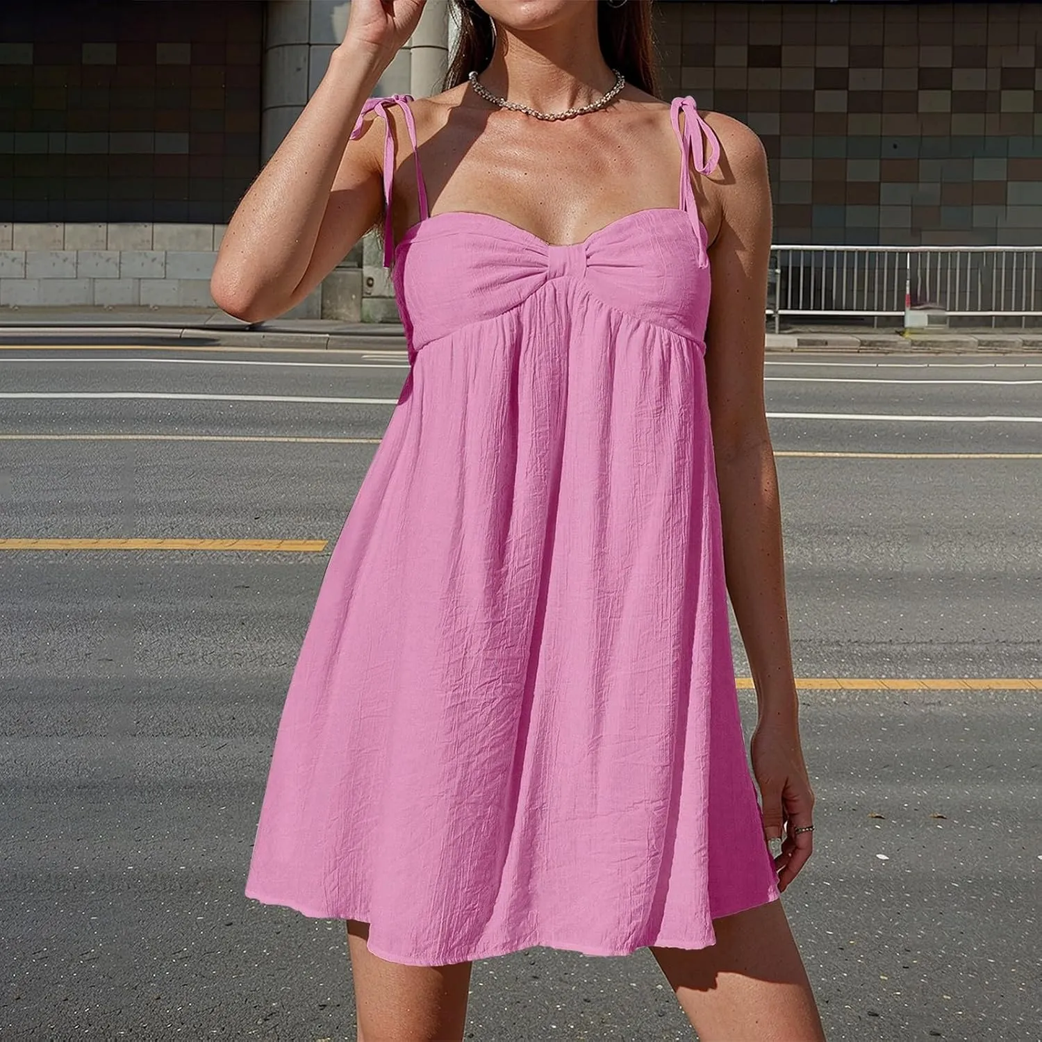 Mini Sundresses for Women 2025 Vacation Spaghetti Strap Loose Bow Babydoll Dress Casual Summer Flowy Beach Sun Dress