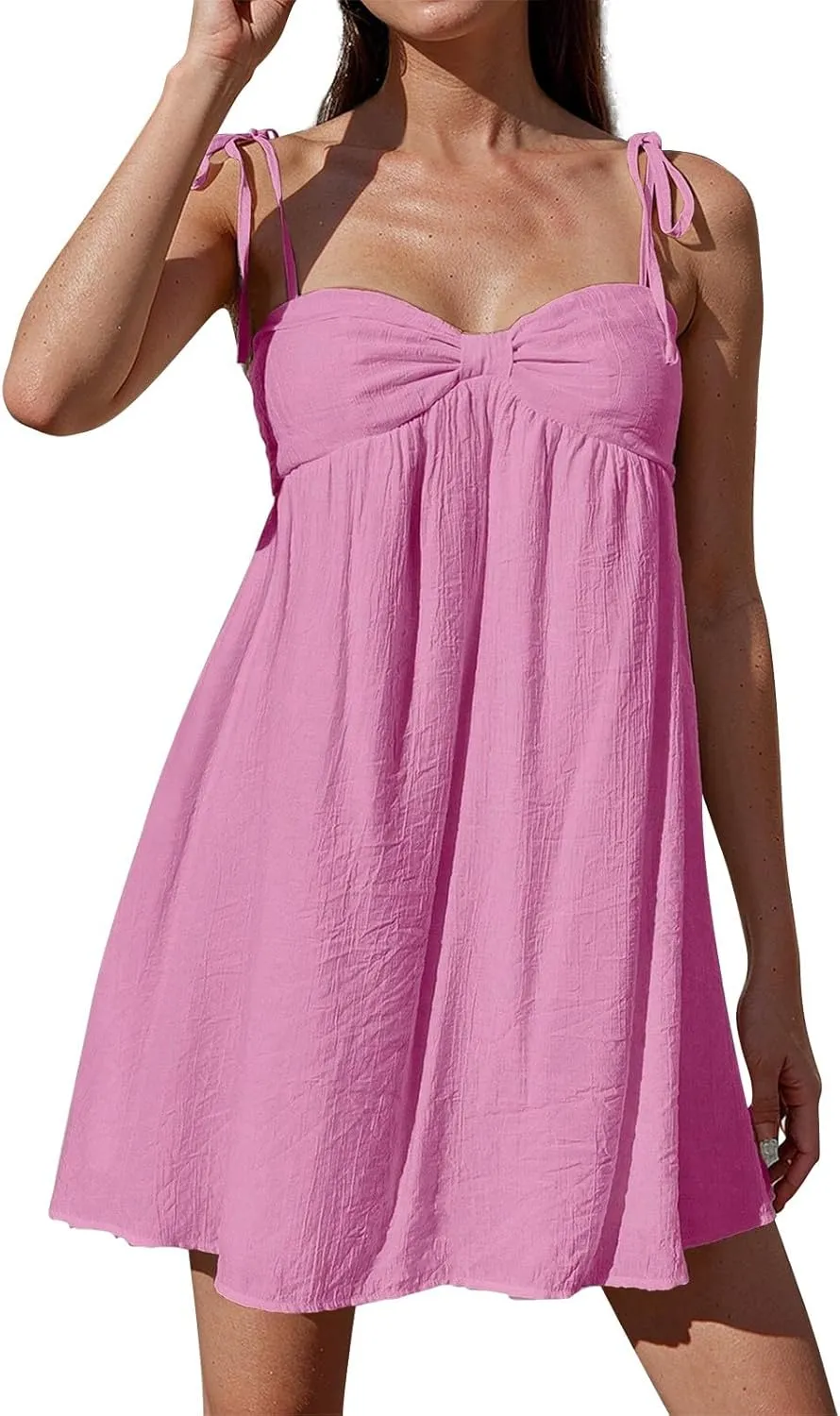 Mini Sundresses for Women 2025 Vacation Spaghetti Strap Loose Bow Babydoll Dress Casual Summer Flowy Beach Sun Dress