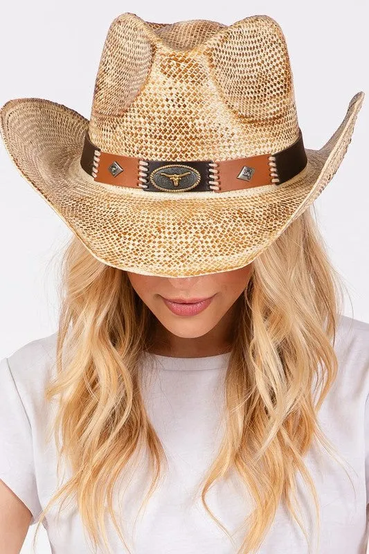 Mix Concho Vintage Effect Straw Cowboy Hat