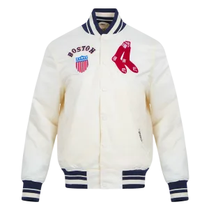 MLB BOSTON RED SOX RETRO CLASSIC MEN'S RIB SATIN JACKET (EGGSHELL/MIDNIGHT NAVY)