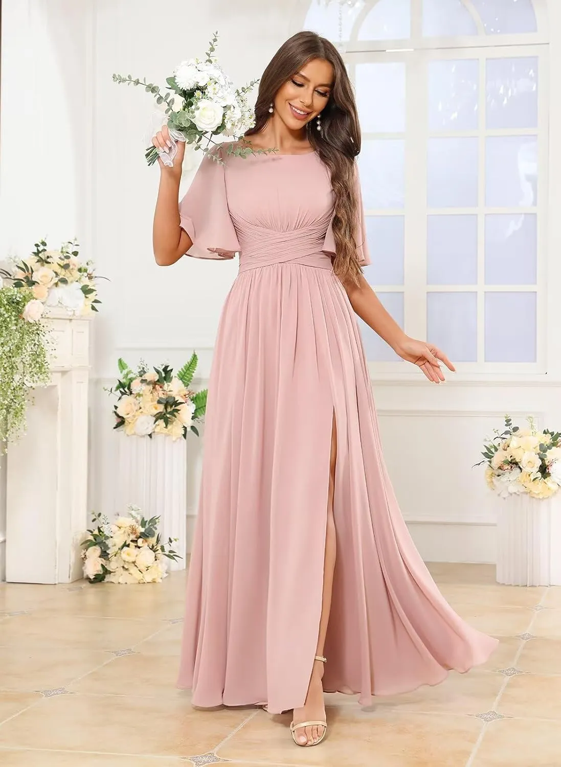 Modest Bridesmaid Dresses for Women Scoop Neck Short Sleeve A Line Chiffon Long Formal Wedding Guest Dress