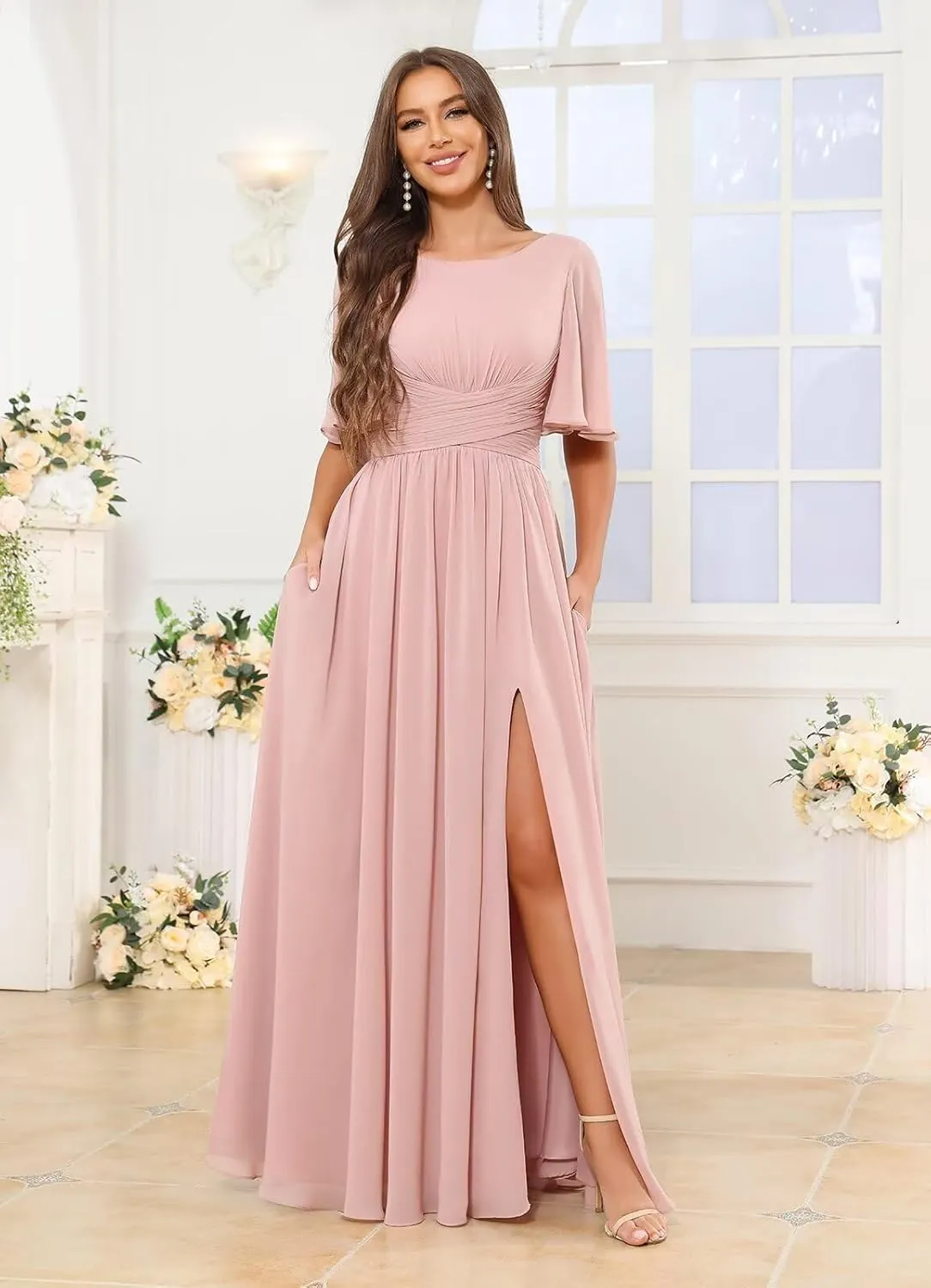 Modest Bridesmaid Dresses for Women Scoop Neck Short Sleeve A Line Chiffon Long Formal Wedding Guest Dress