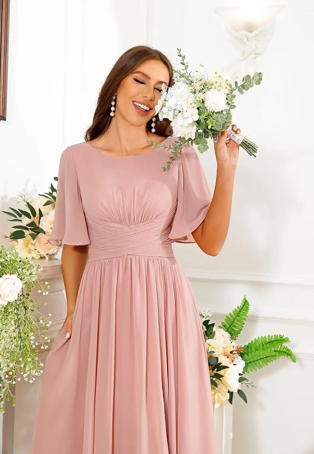 Modest Bridesmaid Dresses for Women Scoop Neck Short Sleeve A Line Chiffon Long Formal Wedding Guest Dress
