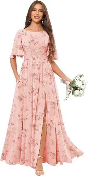 Modest Bridesmaid Dresses for Women Scoop Neck Short Sleeve A Line Chiffon Long Formal Wedding Guest Dress