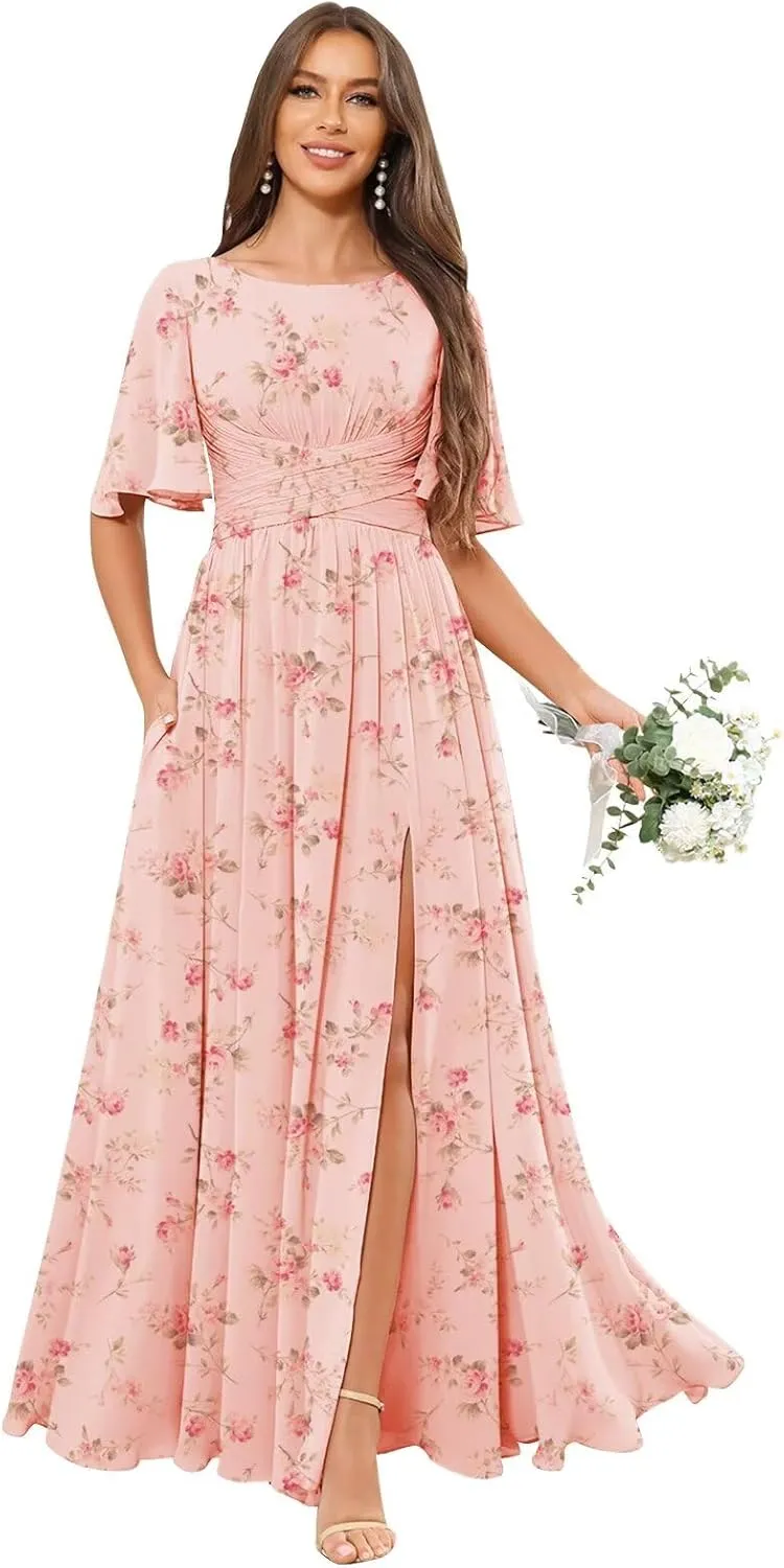 Modest Bridesmaid Dresses for Women Scoop Neck Short Sleeve A Line Chiffon Long Formal Wedding Guest Dress