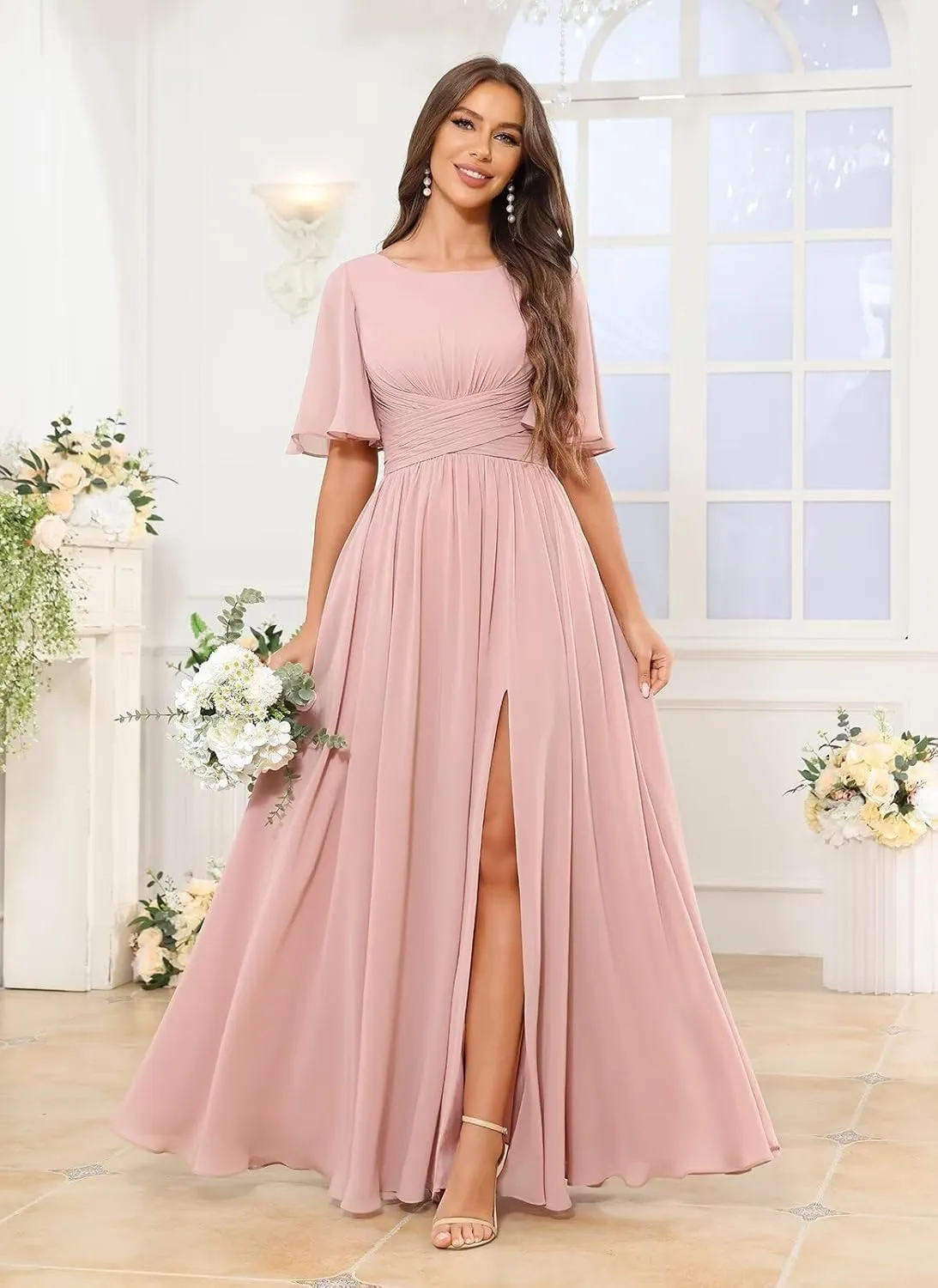 Modest Bridesmaid Dresses for Women Scoop Neck Short Sleeve A Line Chiffon Long Formal Wedding Guest Dress