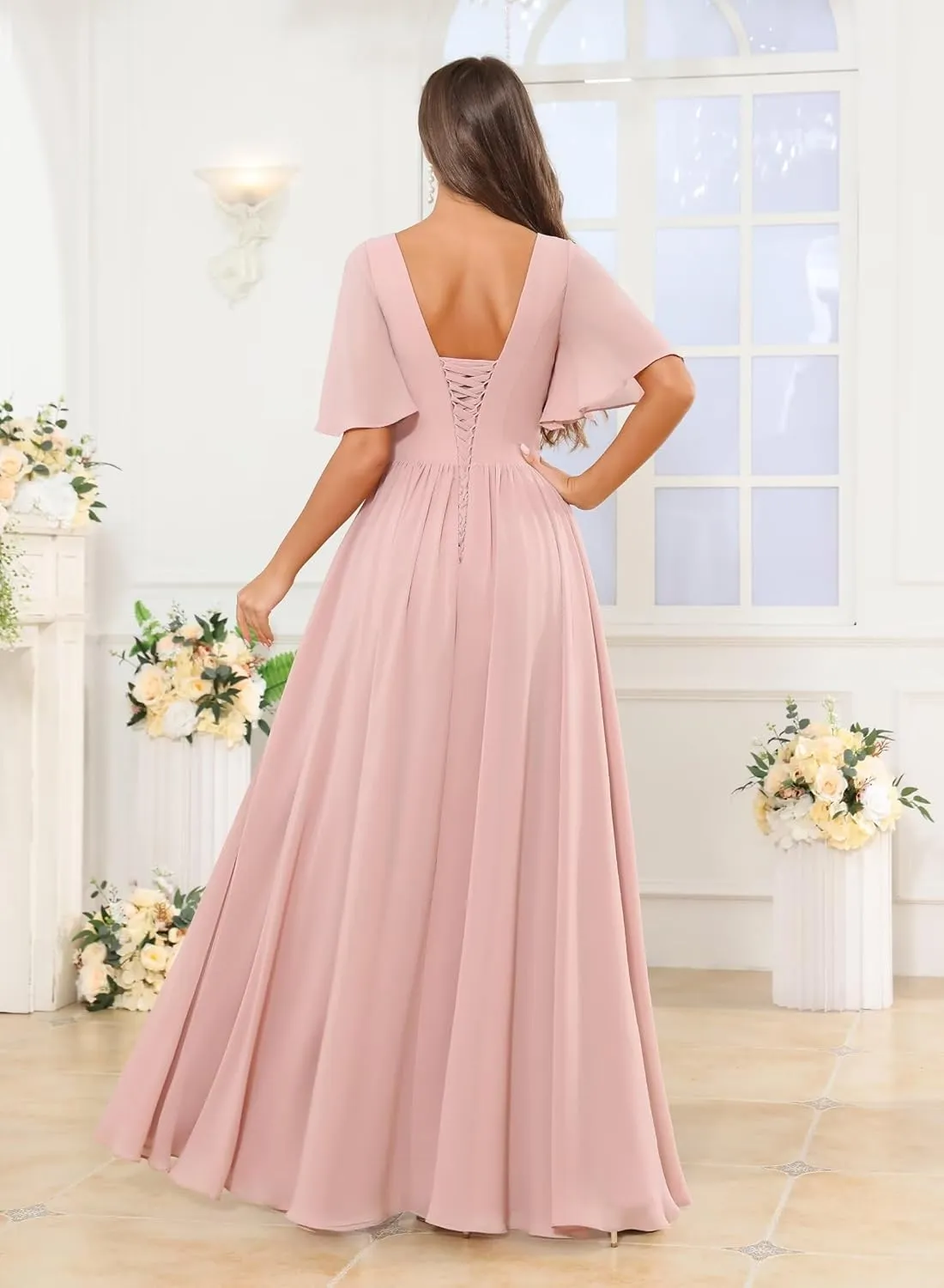 Modest Bridesmaid Dresses for Women Scoop Neck Short Sleeve A Line Chiffon Long Formal Wedding Guest Dress