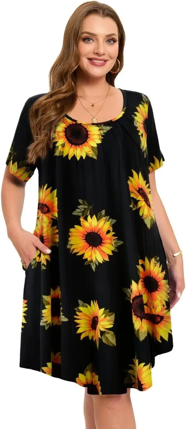 MONNURO Womens Plus Size Summer Dresses Casual Pleated Front Short Sleeve Swing Tunic Tshirt Dress with Pockets