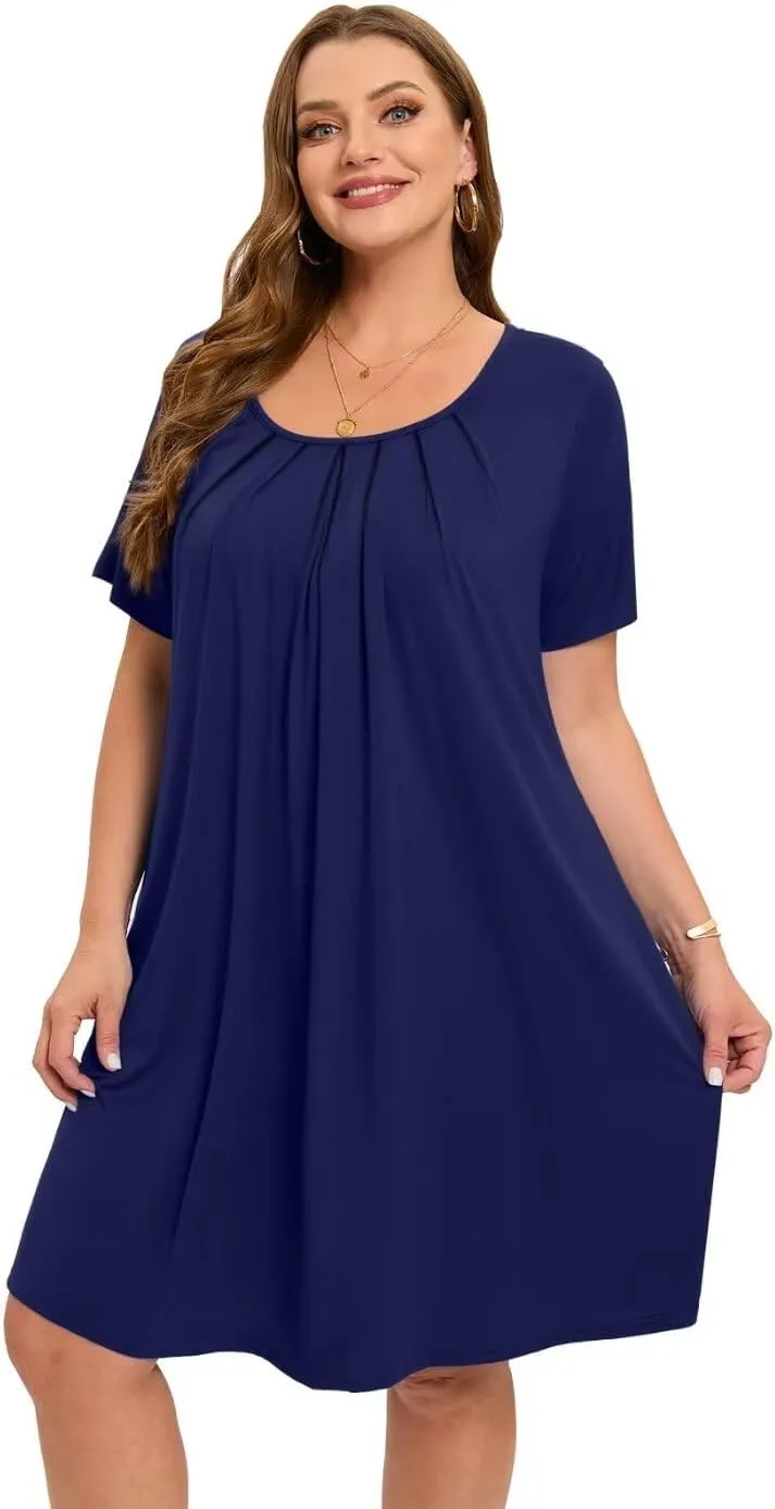 MONNURO Womens Plus Size Summer Dresses Casual Pleated Front Short Sleeve Swing Tunic Tshirt Dress with Pockets