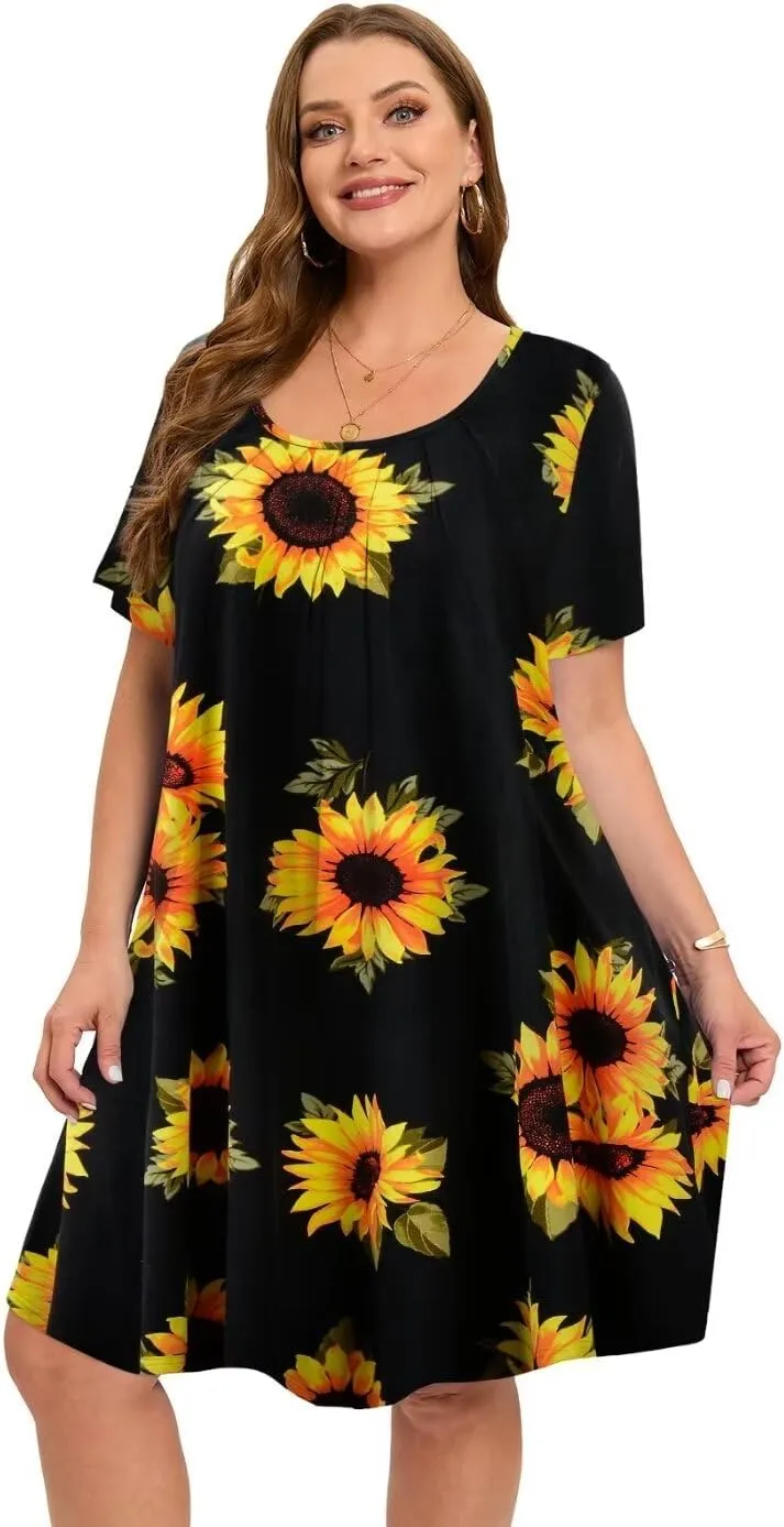 MONNURO Womens Plus Size Summer Dresses Casual Pleated Front Short Sleeve Swing Tunic Tshirt Dress with Pockets