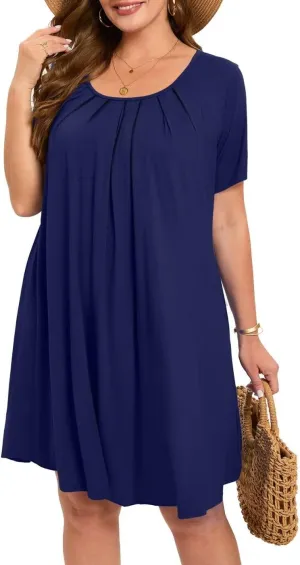 MONNURO Womens Plus Size Summer Dresses Casual Pleated Front Short Sleeve Swing Tunic Tshirt Dress with Pockets