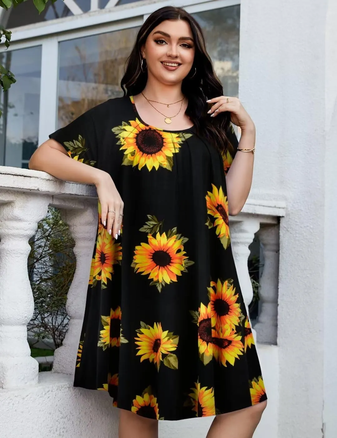 MONNURO Womens Plus Size Summer Dresses Casual Pleated Front Short Sleeve Swing Tunic Tshirt Dress with Pockets