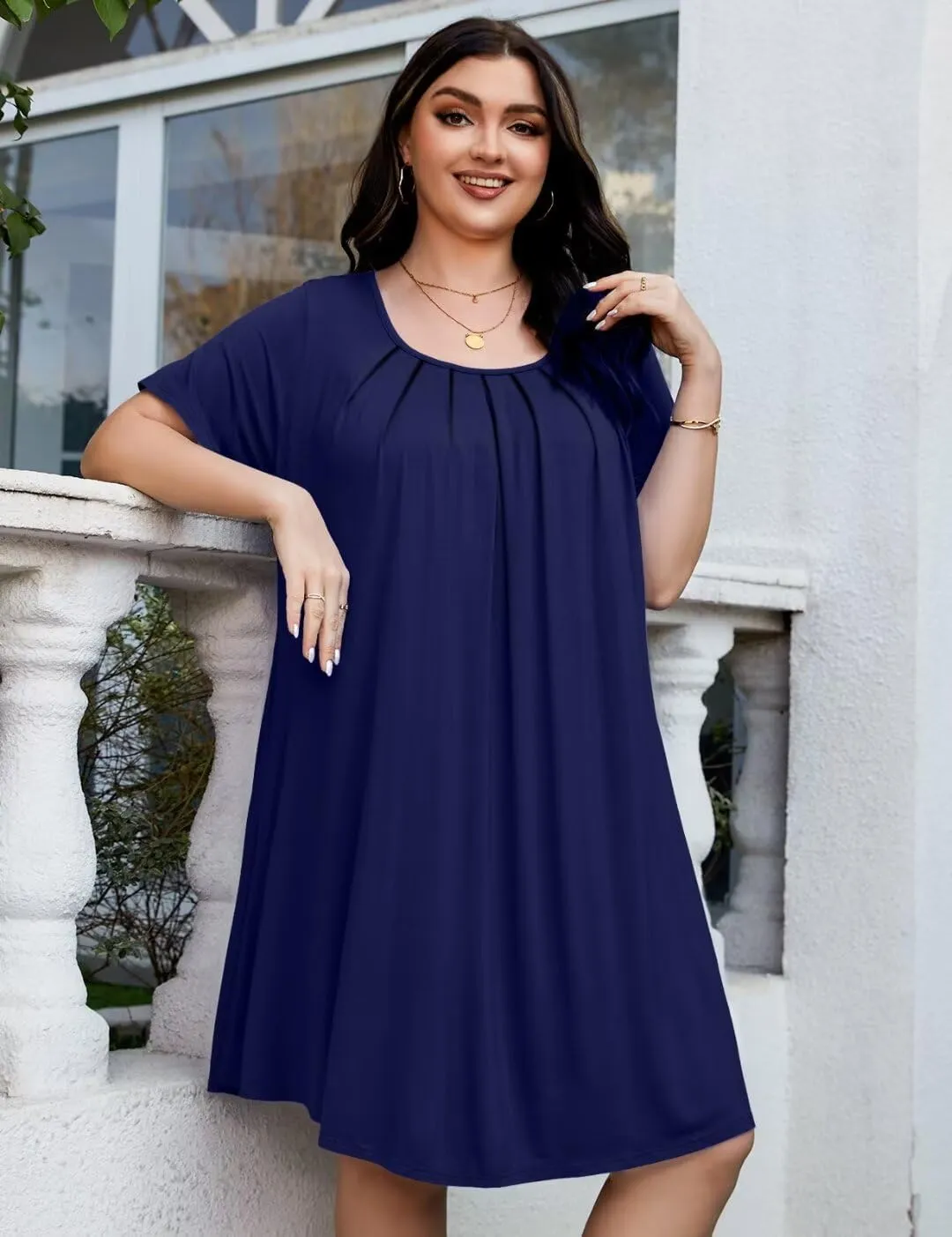 MONNURO Womens Plus Size Summer Dresses Casual Pleated Front Short Sleeve Swing Tunic Tshirt Dress with Pockets