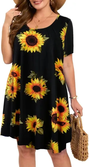 MONNURO Womens Plus Size Summer Dresses Casual Pleated Front Short Sleeve Swing Tunic Tshirt Dress with Pockets