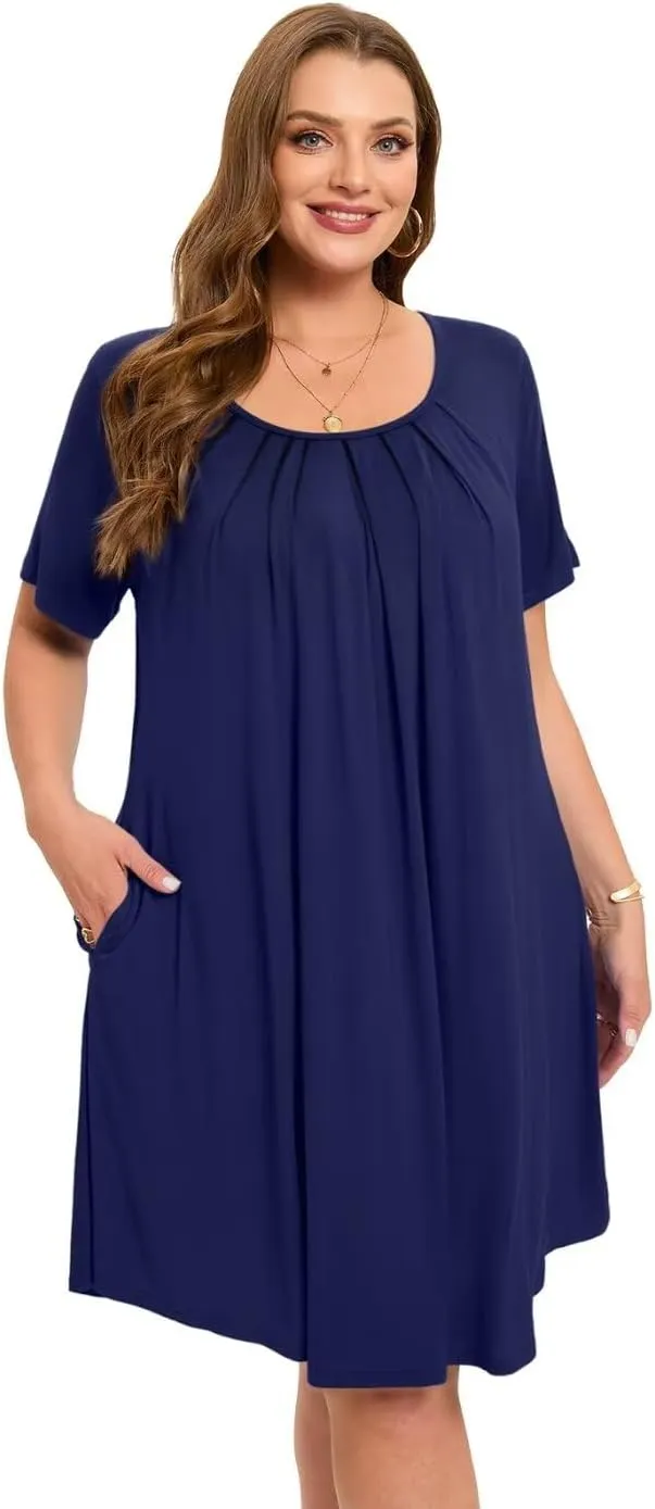 MONNURO Womens Plus Size Summer Dresses Casual Pleated Front Short Sleeve Swing Tunic Tshirt Dress with Pockets