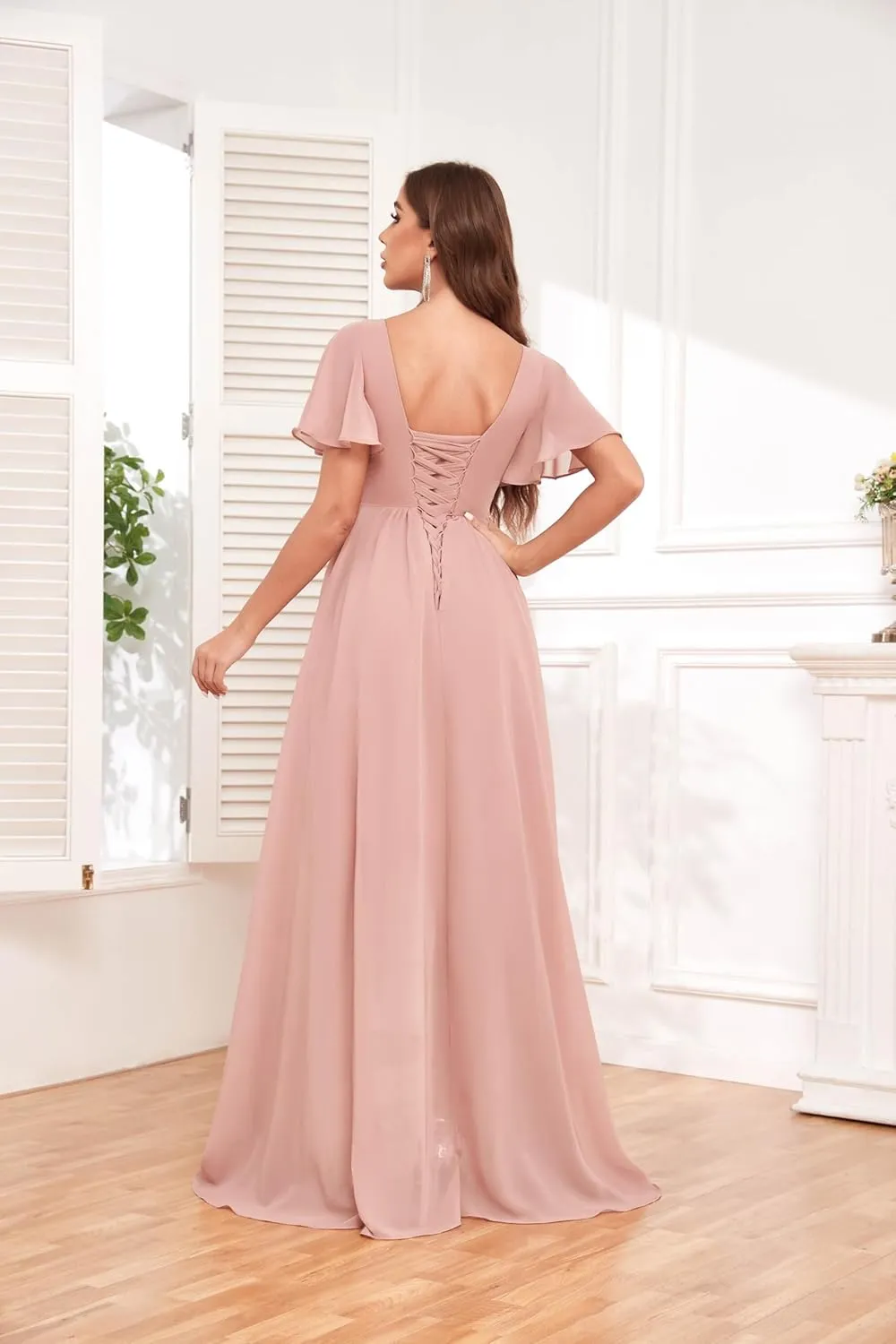 Mother of The Bride Dress Chiffon A-line Ruffle Short Sleeve Lace Applique V-Neck Bridal Dress