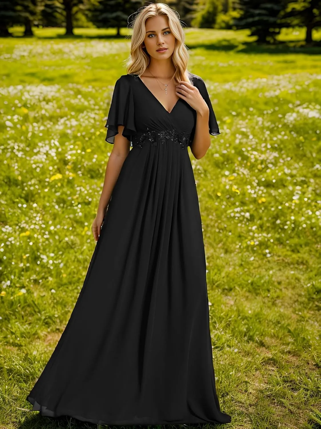 Mother of The Bride Dress Chiffon A-line Ruffle Short Sleeve Lace Applique V-Neck Bridal Dress