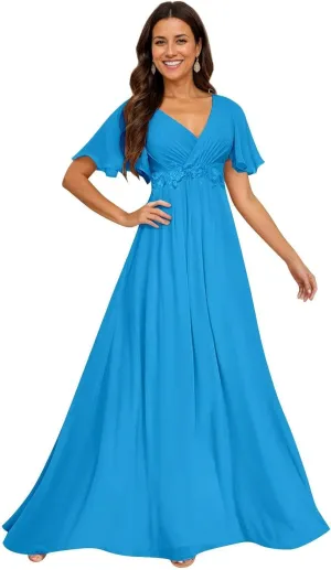 Mother of The Bride Dress Chiffon A-line Ruffle Short Sleeve Lace Applique V-Neck Bridal Dress