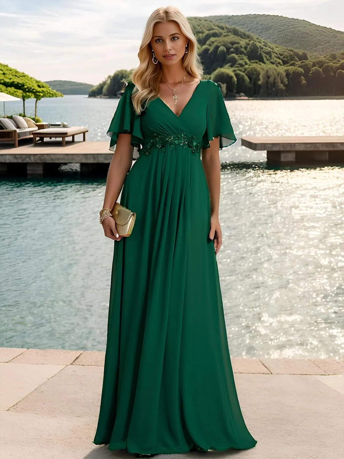 Mother of The Bride Dress Chiffon A-line Ruffle Short Sleeve Lace Applique V-Neck Bridal Dress
