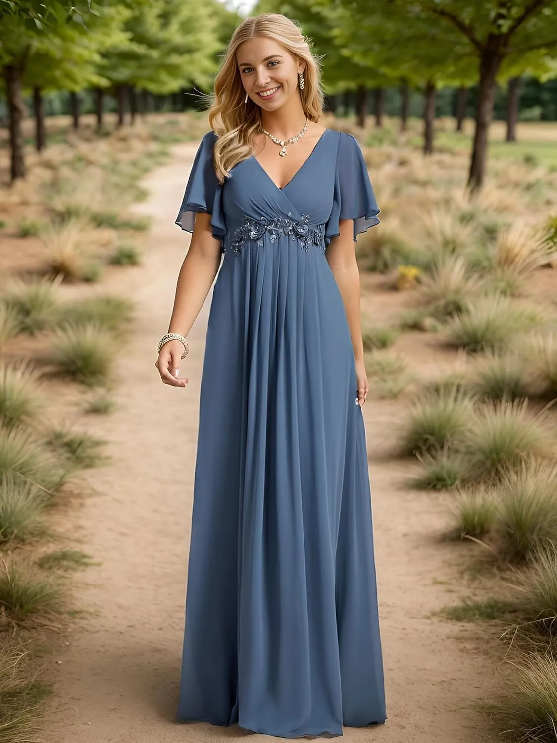 Mother of The Bride Dress Chiffon A-line Ruffle Short Sleeve Lace Applique V-Neck Bridal Dress