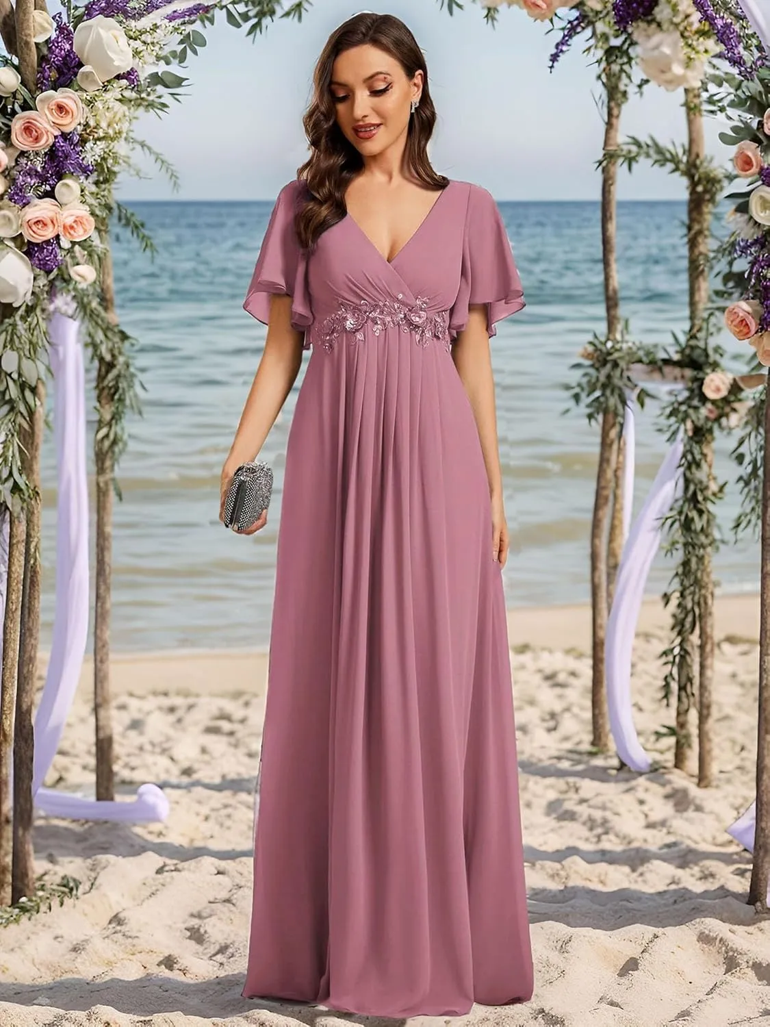 Mother of The Bride Dress Chiffon A-line Ruffle Short Sleeve Lace Applique V-Neck Bridal Dress
