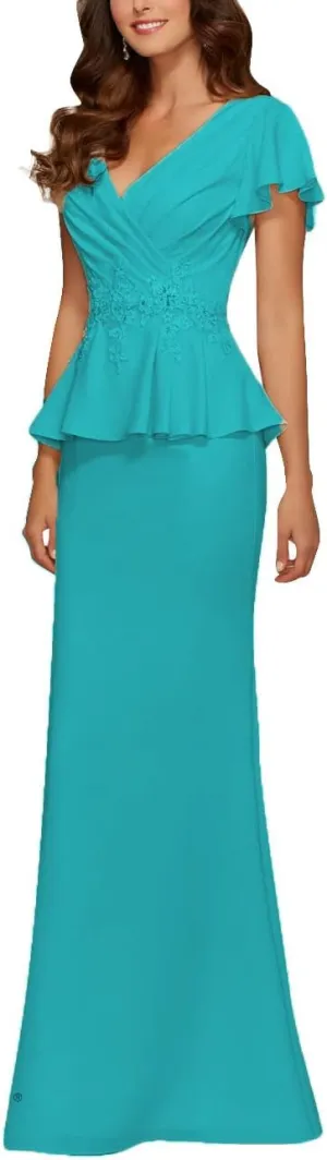 Mother of The Bride Dresses Chiffon Long Formal Evening Gowns Peplum Prom Party Dress Beads Applique Jade US 8