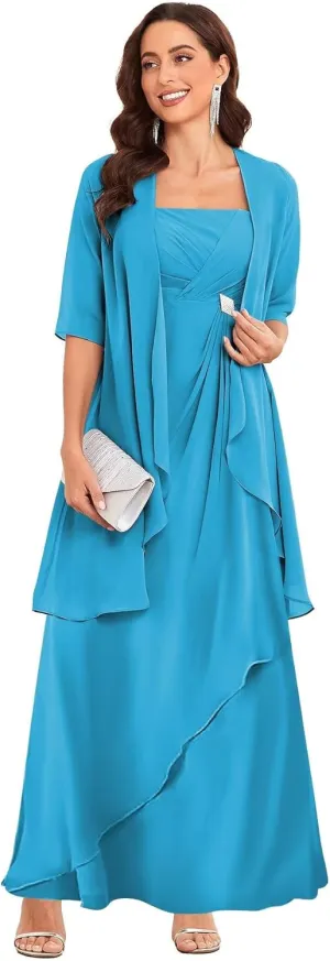 Mother of The Bride Dresses for Wedding 2 Pieces Half Sleeve Chiffon Pleated Formal Dress
