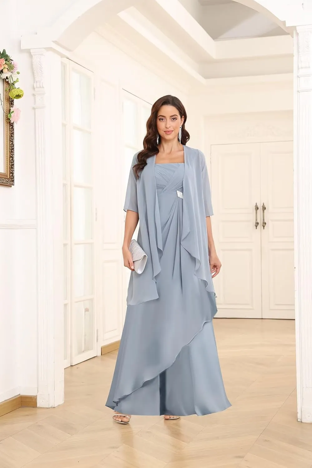 Mother of The Bride Dresses for Wedding 2 Pieces Half Sleeve Chiffon Pleated Formal Dress