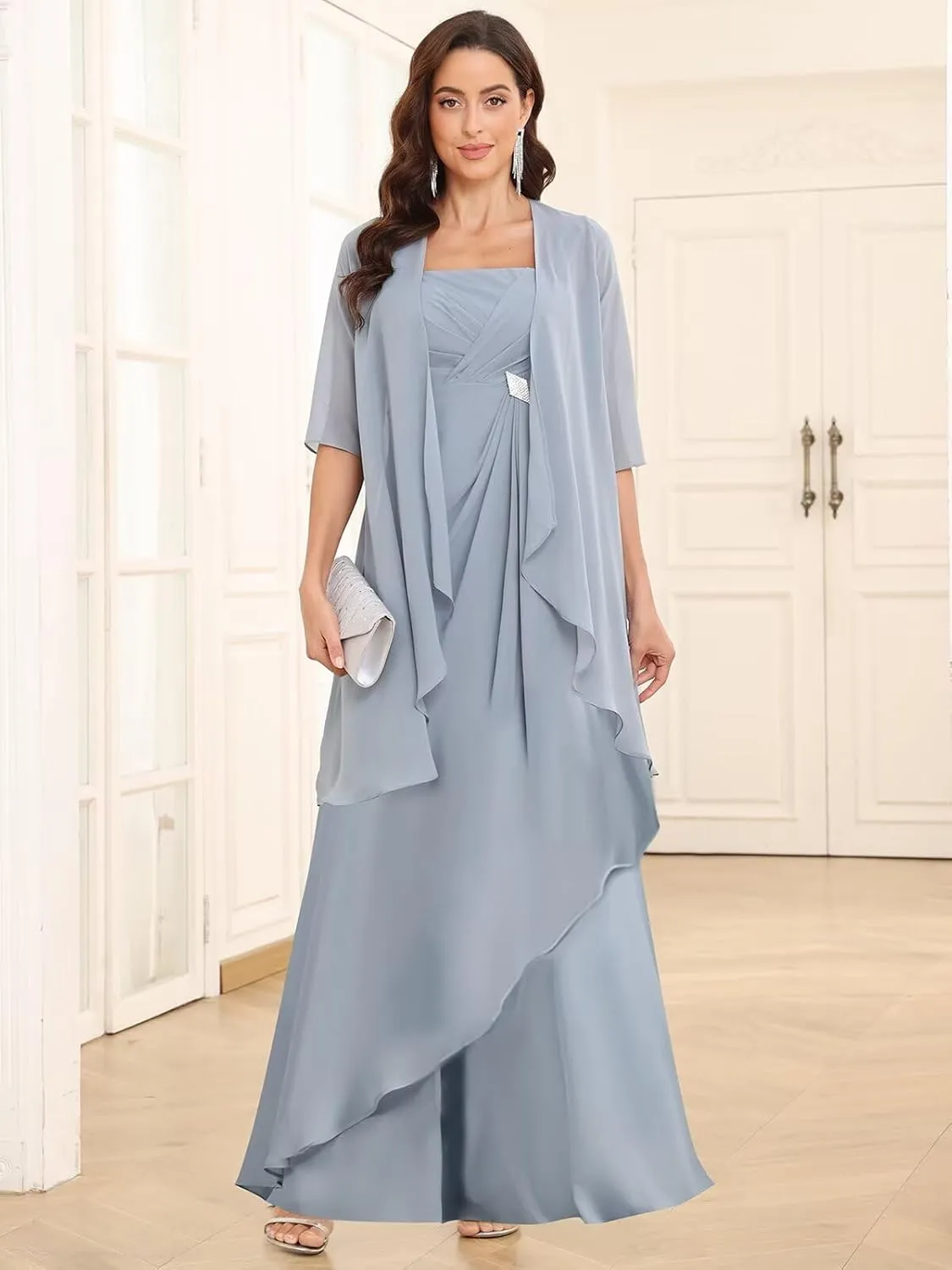 Mother of The Bride Dresses for Wedding 2 Pieces Half Sleeve Chiffon Pleated Formal Dress