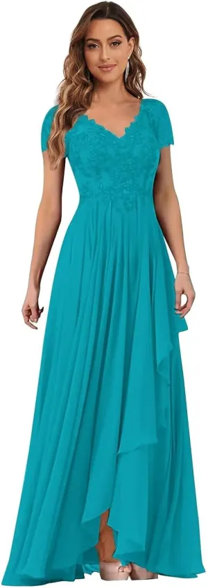 Mother of The Bride Dresses for Wedding Chiffon Lace Applique Wedding Guest Dress A Line V Neck Formal Evening Gowns