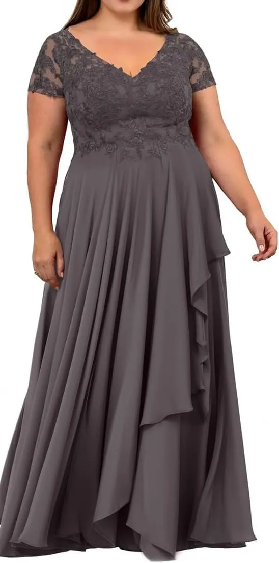 Mother of The Bride Dresses for Wedding Chiffon Lace Applique Wedding Guest Dress A Line V Neck Formal Evening Gowns