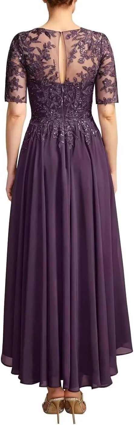 Mother of The Bride Dresses for Wedding Lace Appliques Chiffon Short Sleeve Mother of The Groom Dress Ankle Length He6017