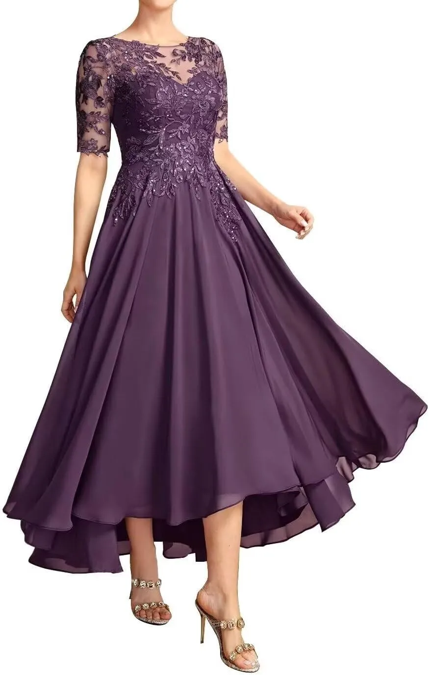 Mother of The Bride Dresses for Wedding Lace Appliques Chiffon Short Sleeve Mother of The Groom Dress Ankle Length He6017
