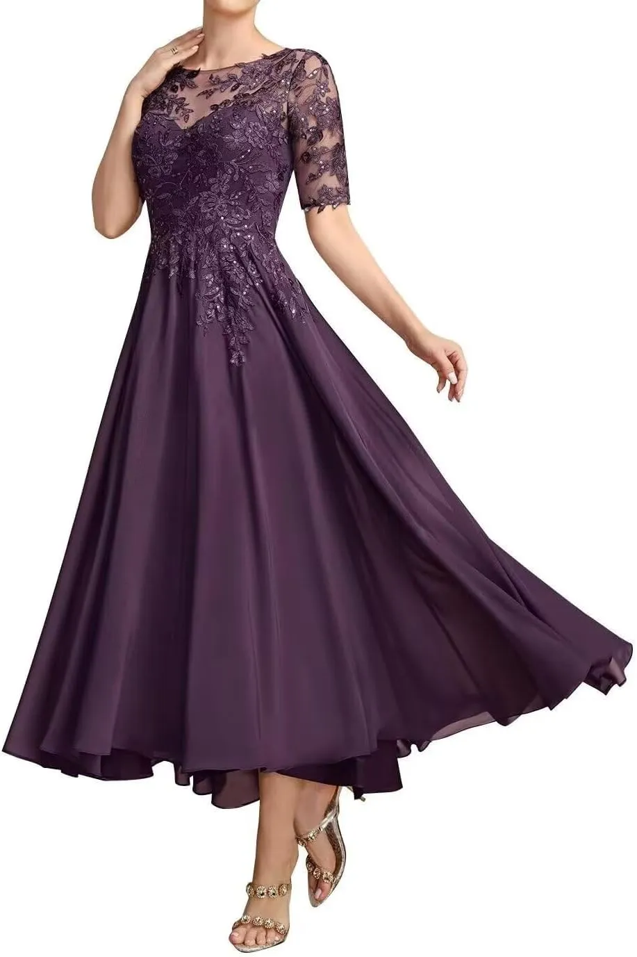 Mother of The Bride Dresses for Wedding Lace Appliques Chiffon Short Sleeve Mother of The Groom Dress Ankle Length He6017