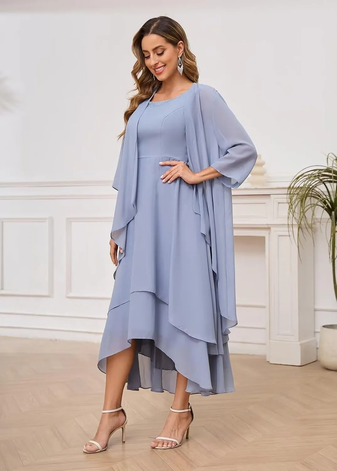 Mother of The Bride Dresses for Wedding Sequin Scoop Neck A Line Chiffon Womens Formal Dress with Long Jacket