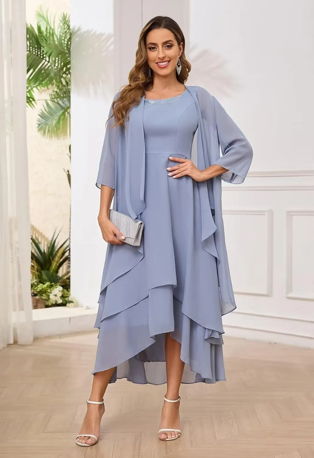 Mother of The Bride Dresses for Wedding Sequin Scoop Neck A Line Chiffon Womens Formal Dress with Long Jacket