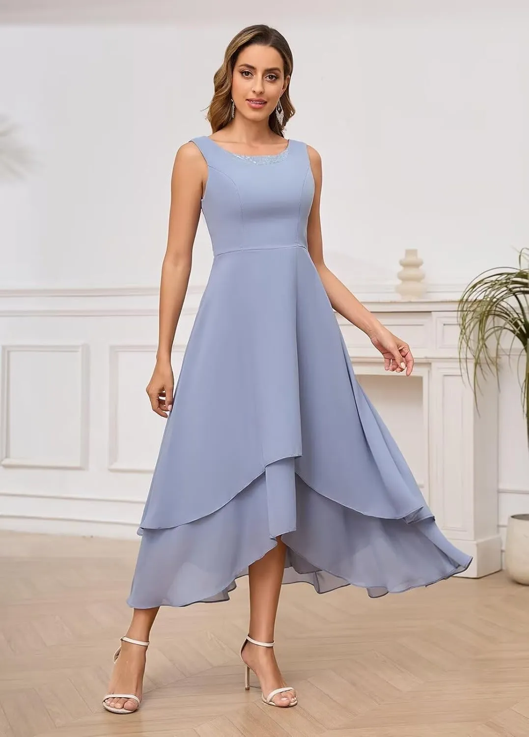 Mother of The Bride Dresses for Wedding Sequin Scoop Neck A Line Chiffon Womens Formal Dress with Long Jacket