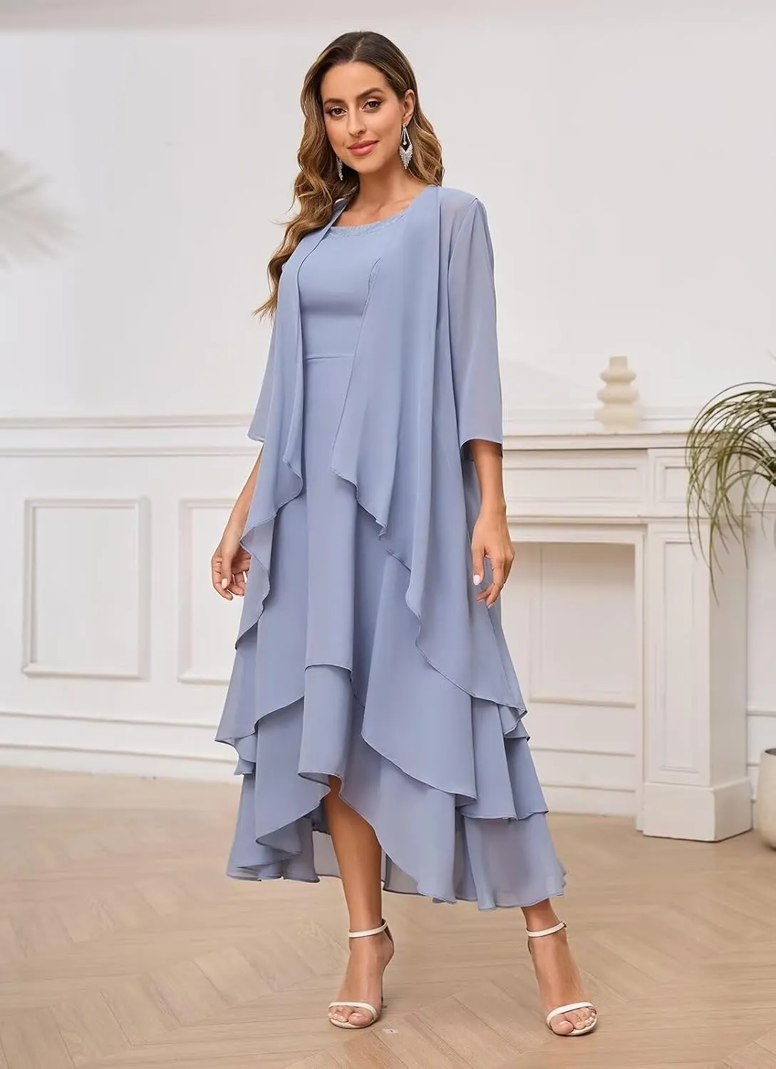 Mother of The Bride Dresses for Wedding Sequin Scoop Neck A Line Chiffon Womens Formal Dress with Long Jacket