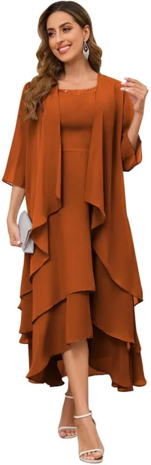 Mother of The Bride Dresses for Wedding Sequin Scoop Neck A Line Chiffon Womens Formal Dress with Long Jacket