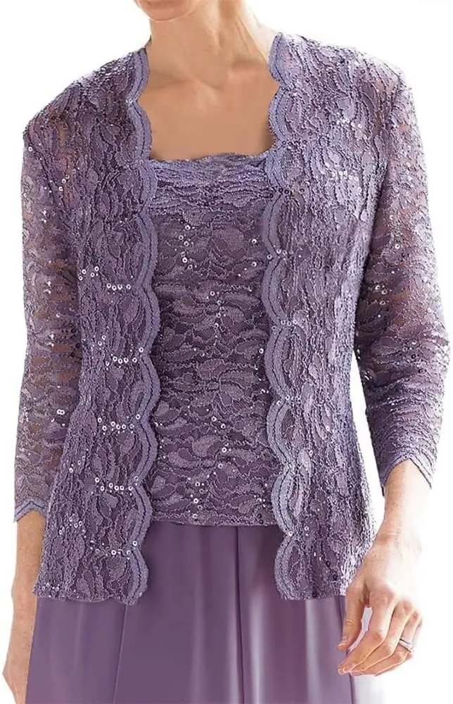 Mother of The Bride Dresses for Wedding Tea Length Lace Chiffon Formal Dress 2 Piece Grandmother Dresses with Jackets