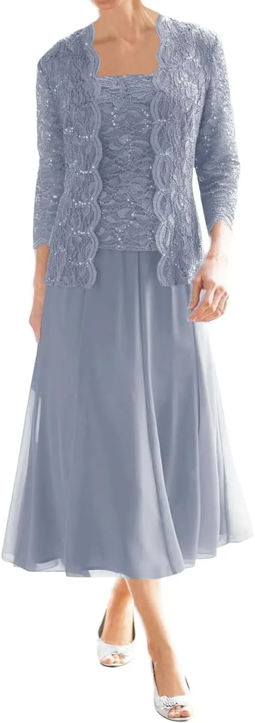 Mother of The Bride Dresses for Wedding Tea Length Lace Chiffon Formal Dress 2 Piece Grandmother Dresses with Jackets