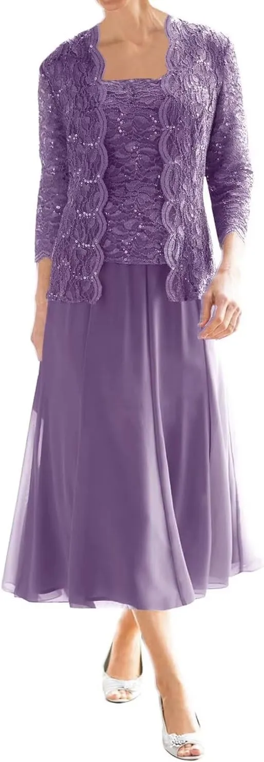 Mother of The Bride Dresses for Wedding Tea Length Lace Chiffon Formal Dress 2 Piece Grandmother Dresses with Jackets