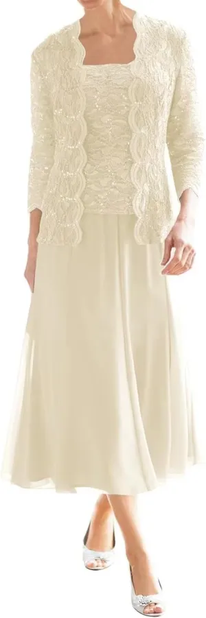 Mother of The Bride Dresses for Wedding Tea Length Lace Chiffon Formal Dress 2 Piece Grandmother Dresses with Jackets