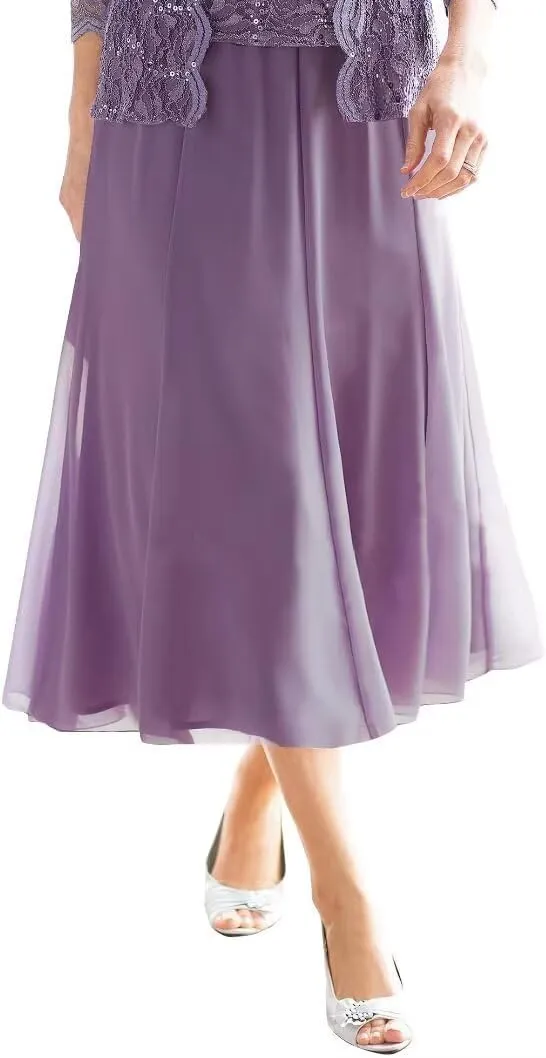 Mother of The Bride Dresses for Wedding Tea Length Lace Chiffon Formal Dress 2 Piece Grandmother Dresses with Jackets