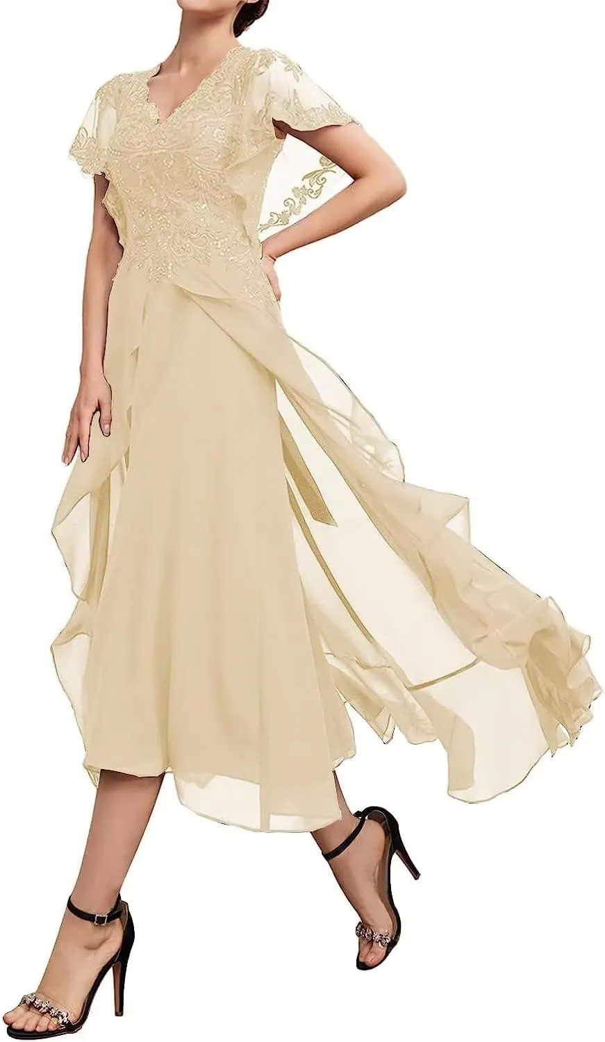 Mother of The Bride Dresses for Women Lace Applique Chiffon Ruffle Sleeve V Neck Formal Evening Dress for Wedding